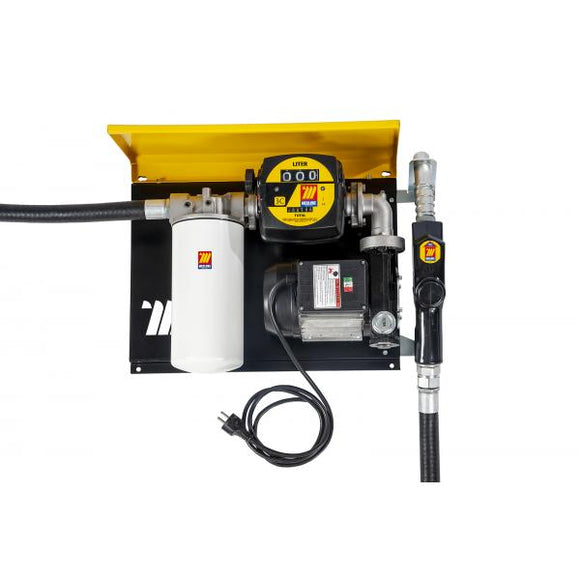 230V Meclube Yellow Wall Dispenser Cabinet Fuel transfer Kit 60L/min (includes Pump, Meter, Filter, Auto Nozzel, Hoses)